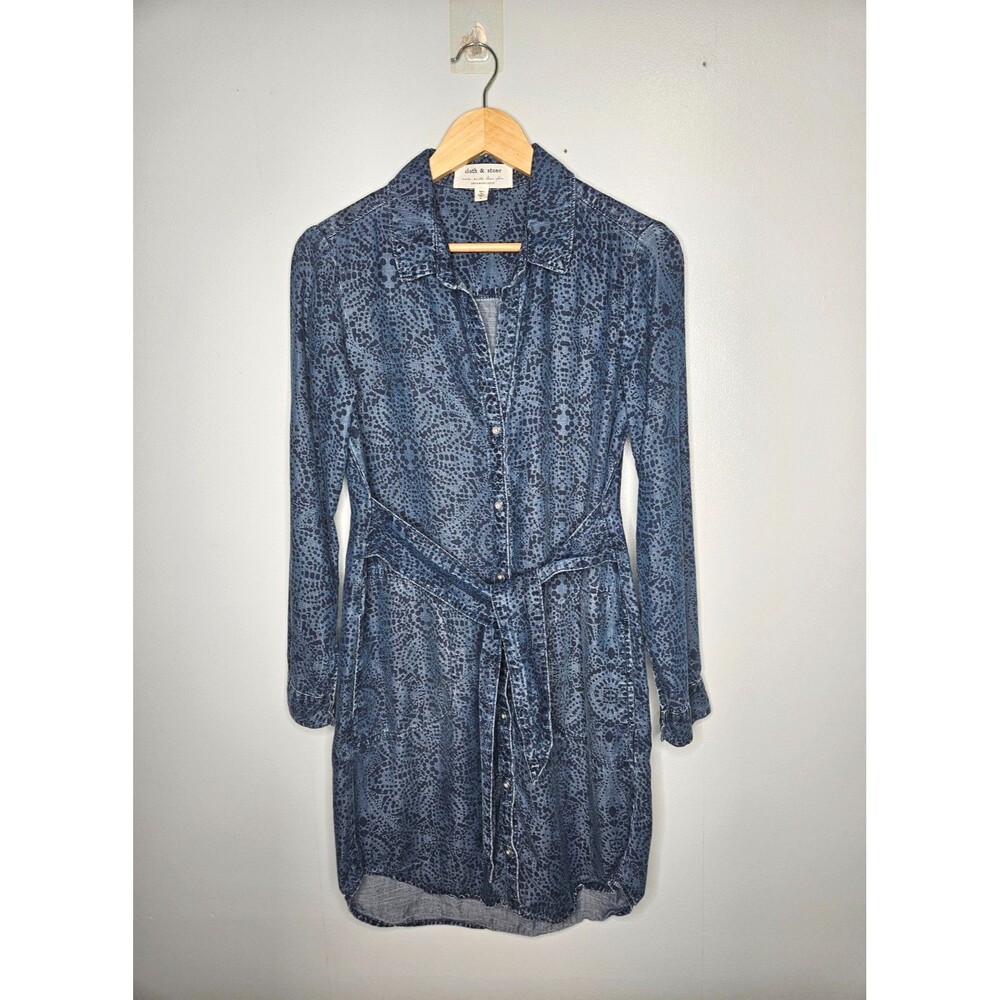 CLOTH & STONE Anthropologie Blue Chambray Print Shirt Dress XS Boho Western